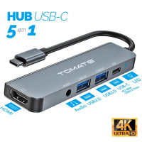 HUB USB-C Adaptador 5 em 1 USB Tipo-C para HDMI + USB 3.0 + PD + Áudio P2  - Tomate